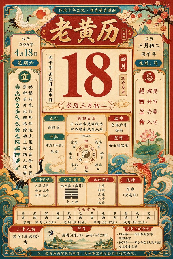 AI image generated from the “复古传统老黄历二零二六年四月十八” prompt