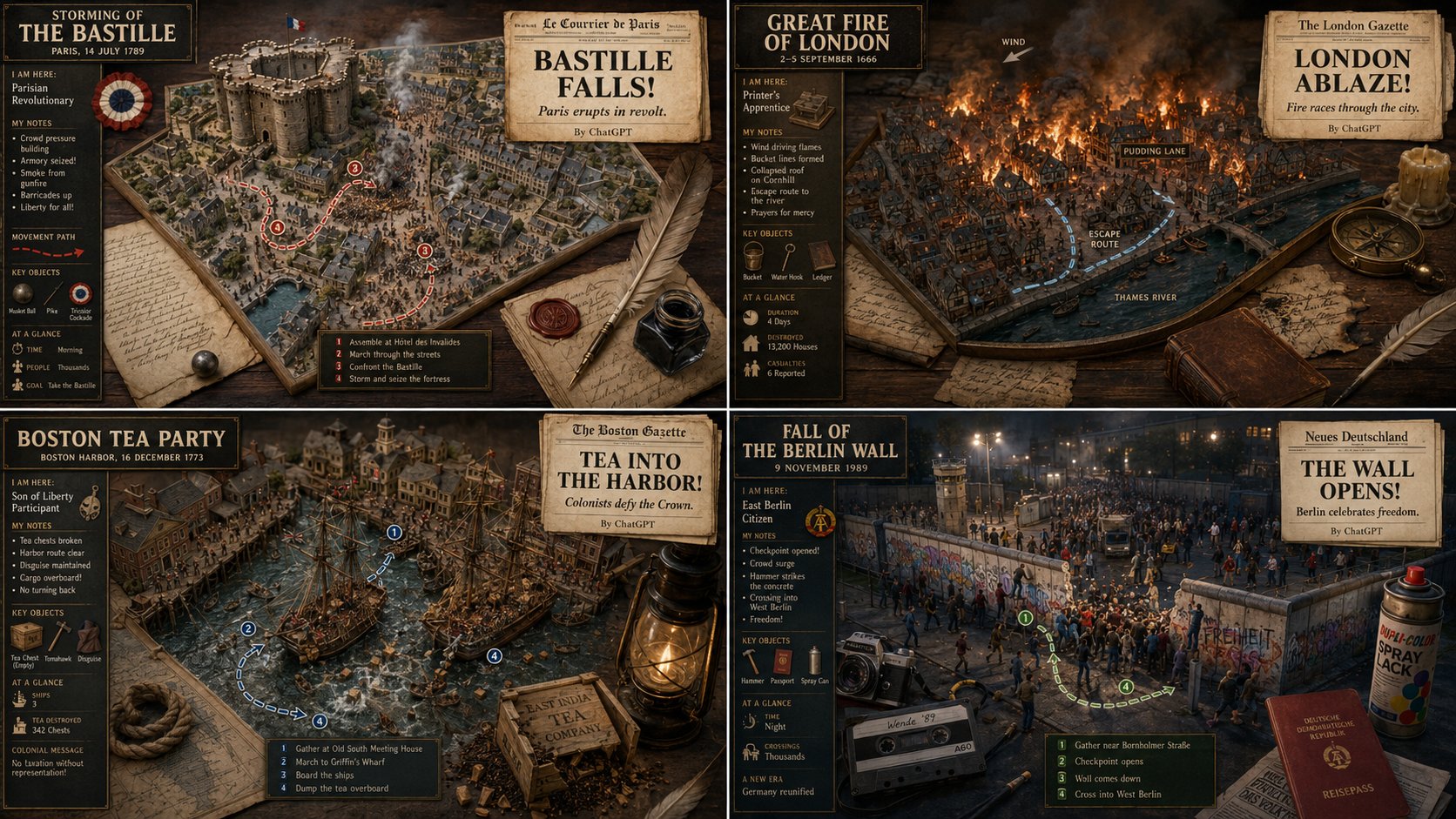 AI image generated from the “2x2 grid, 16 9, do this for 4 famous historical events” prompt