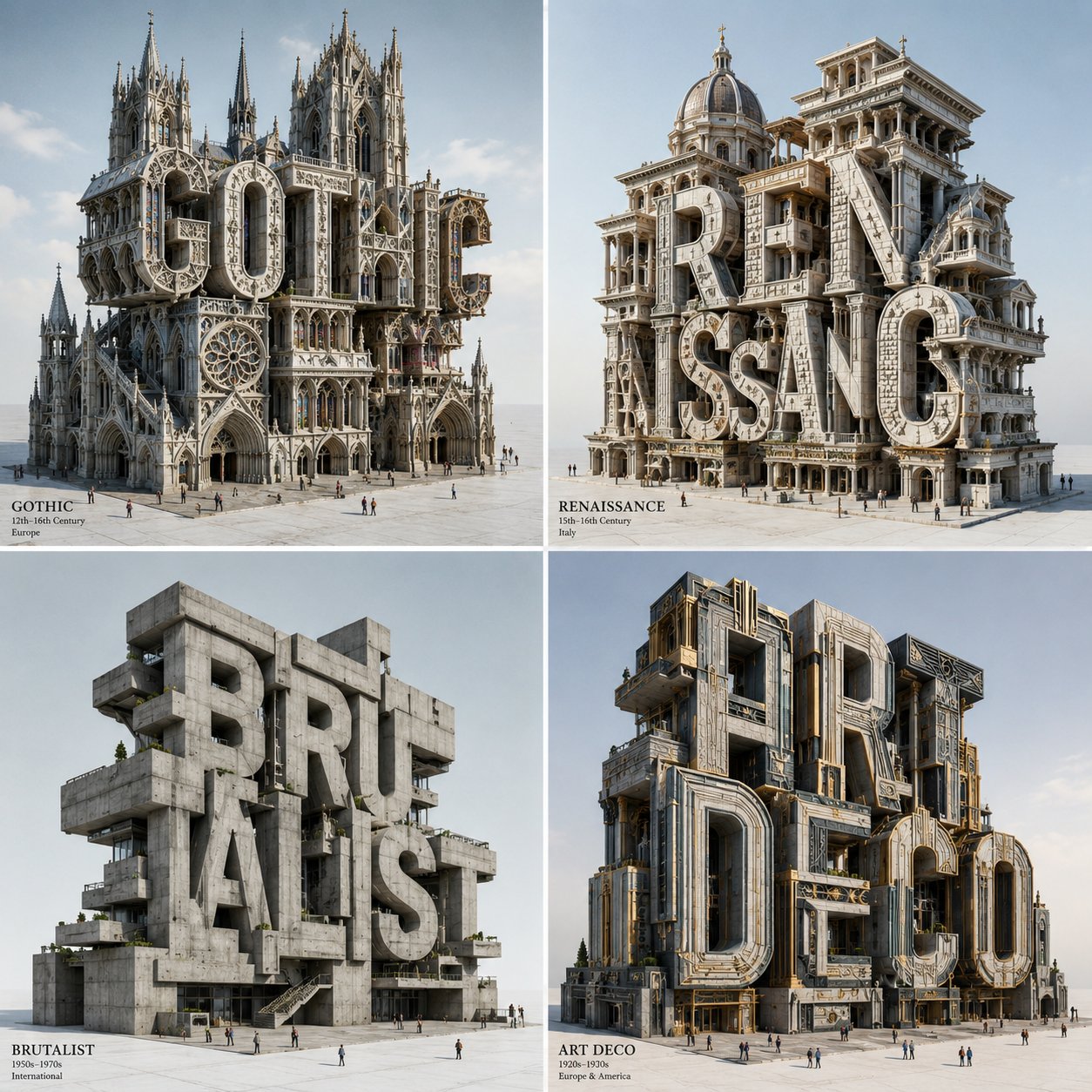 AI image generated from the “4 Architectural Styles 2×2 Grid” prompt