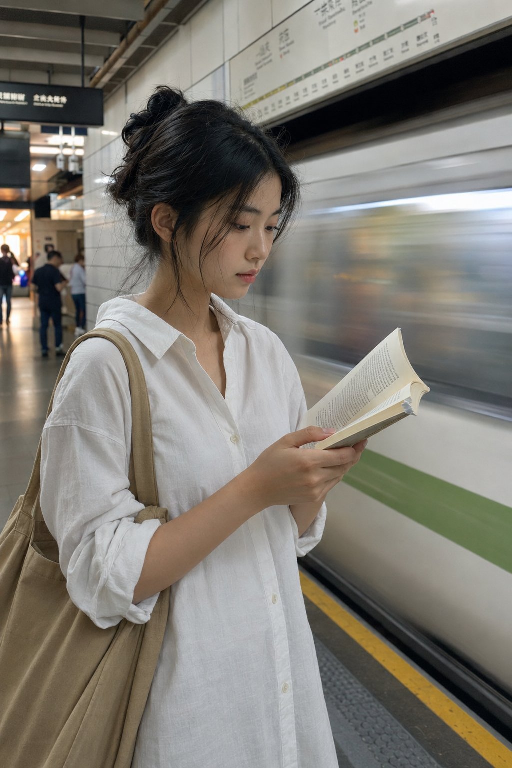 AI image generated from the “A candid photograph of a young woman standing on a Shanghai” prompt