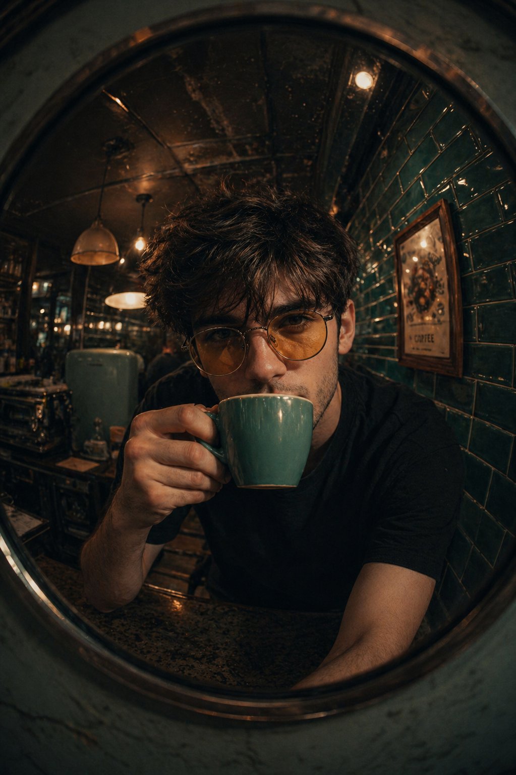 AI image generated from the “A fish-eye lens close-up of sipping from a teal/turquoise” prompt