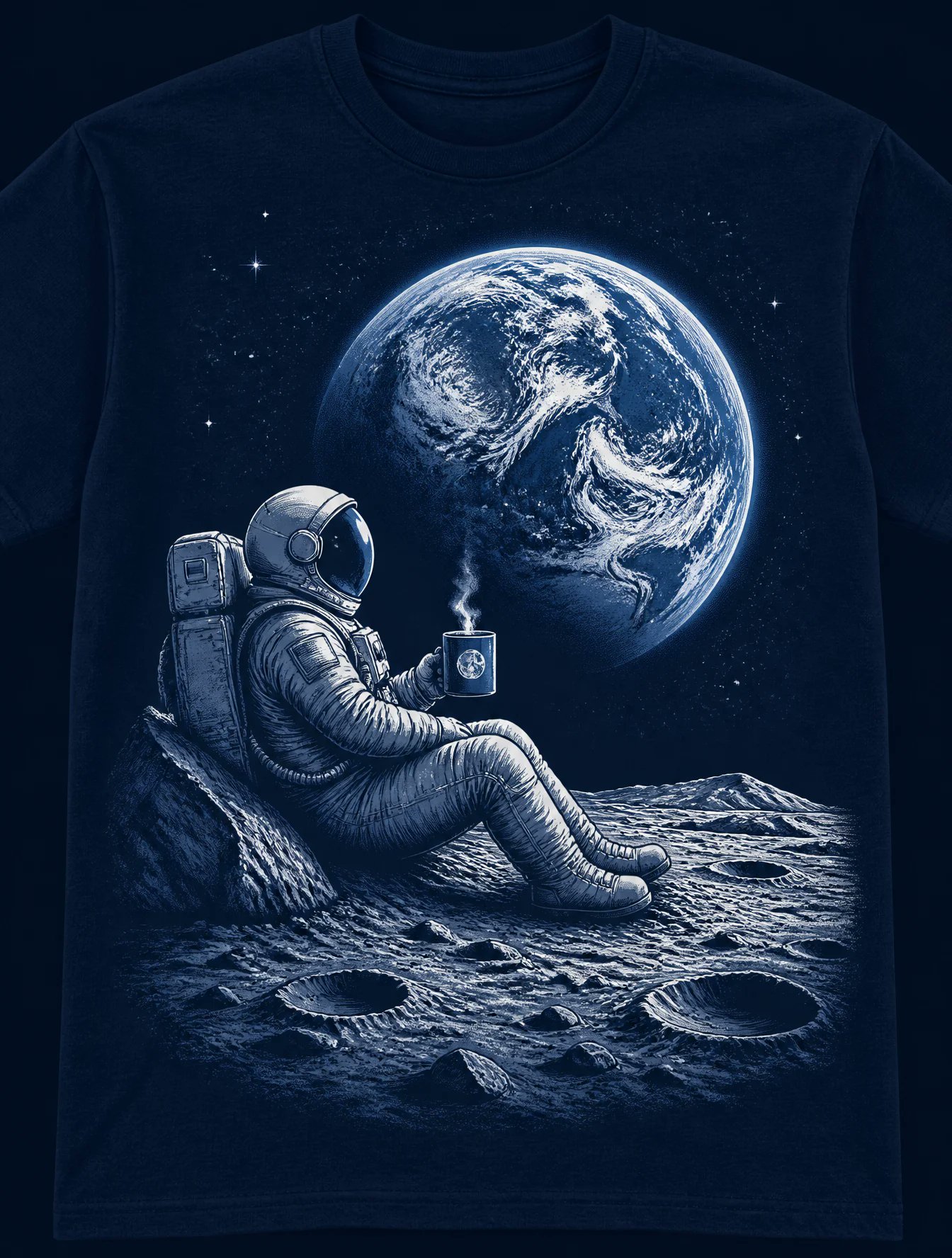 AI image generated from the “A graphic illustration centered on a dark navy blue t-shirt” prompt