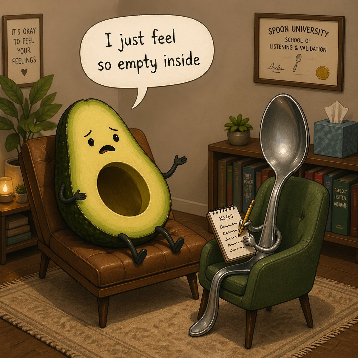 AI image generated from the “A humorous 3D cartoon illustration of a therapy session in a” prompt