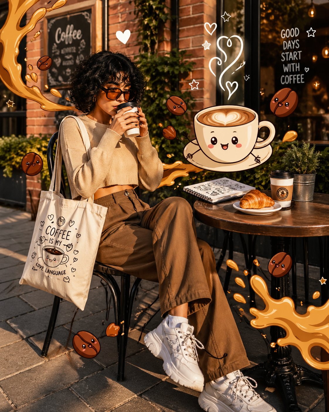 AI image generated from the “A trendy young woman sitting at an outdoor café table” prompt