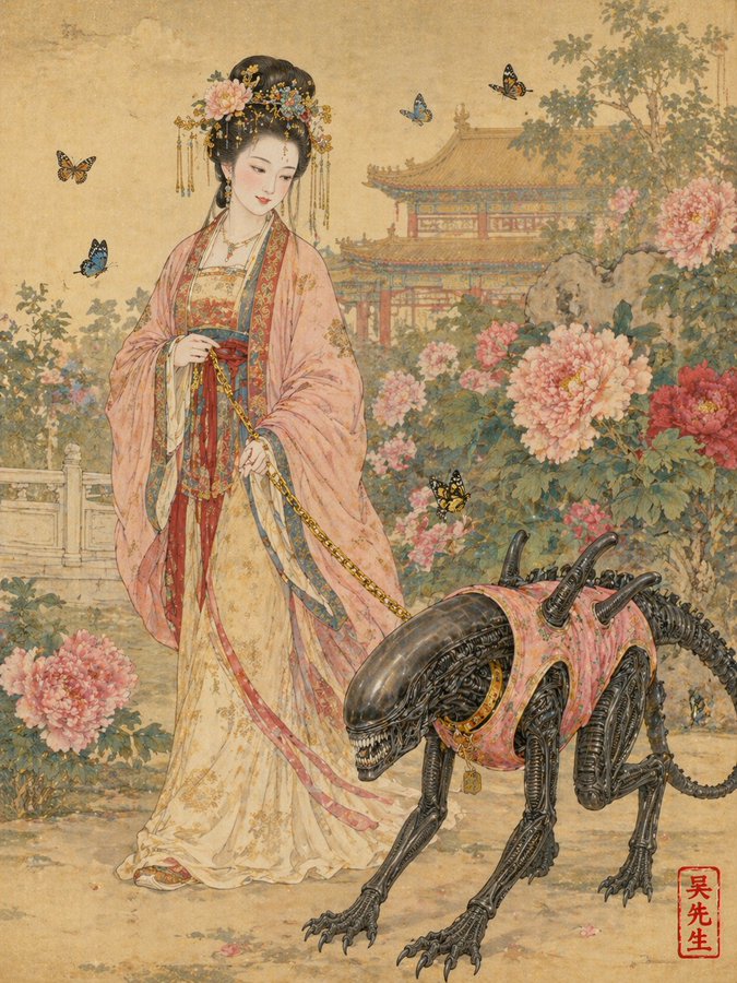 AI image generated from the “唐朝贵妇遛粉色马甲异形工笔画” prompt