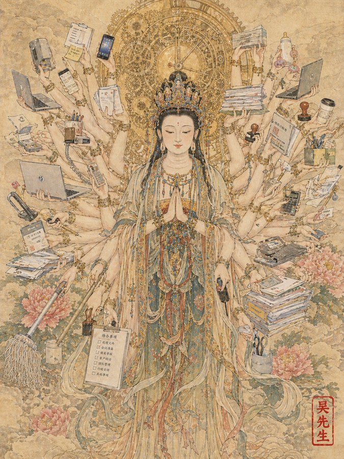 AI image generated from the “千手观音化身打工人” prompt