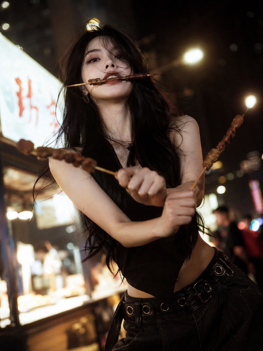 AI image generated from the “清冷佳人夜市烧烤三刀流” prompt