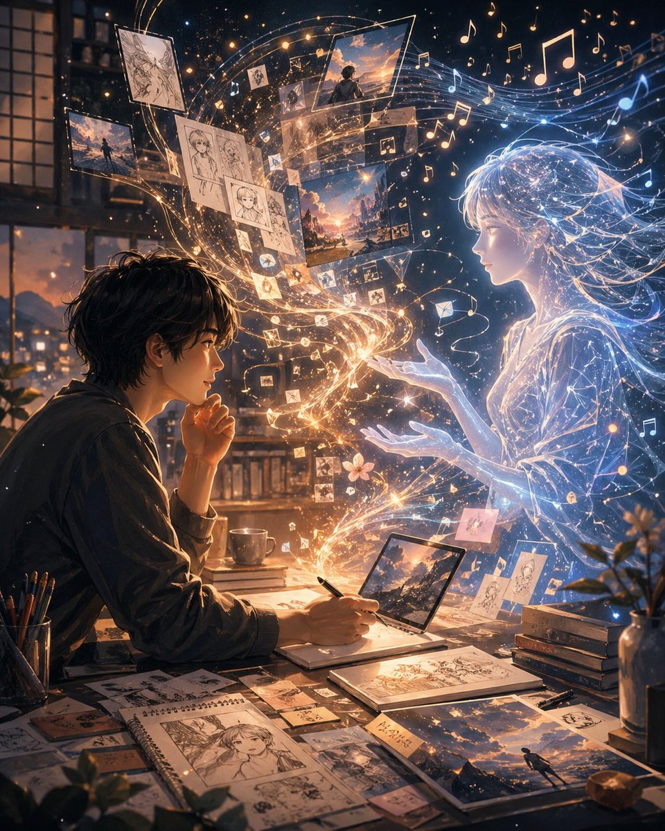 AI image generated from the “Artist and Ethereal Muse at Night” prompt