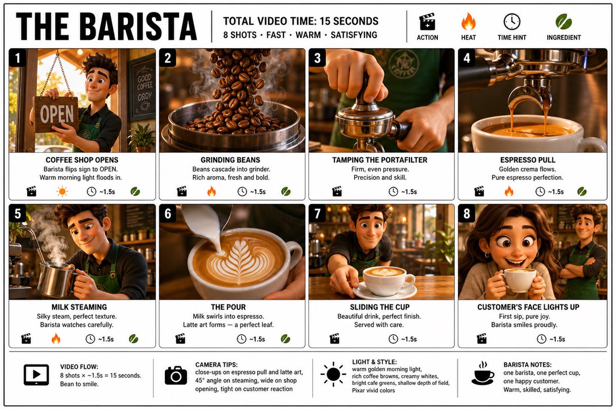 AI image generated from the “Barista 8-Shot Pixar Storyboard” prompt
