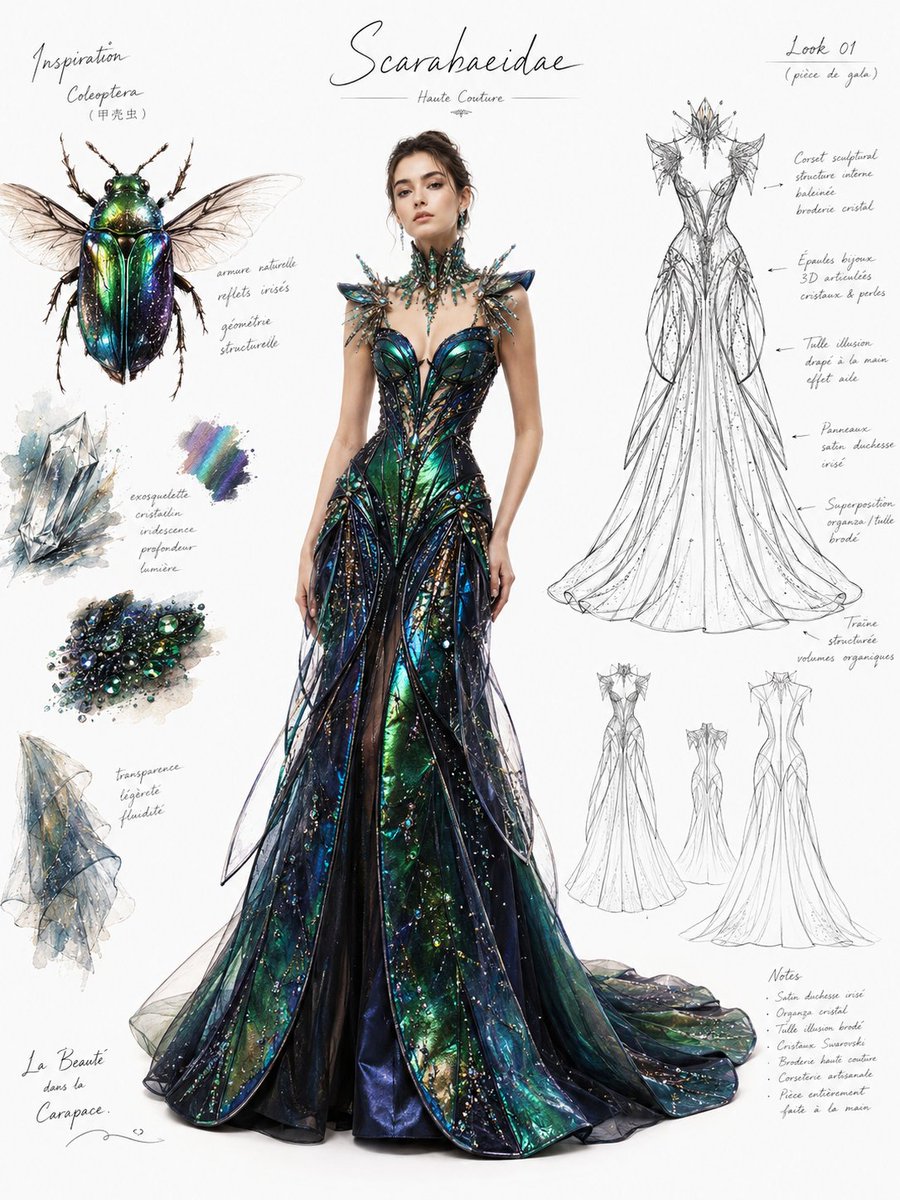 AI image generated from the “Beetle-Inspired Couture Fashion Sheet” prompt