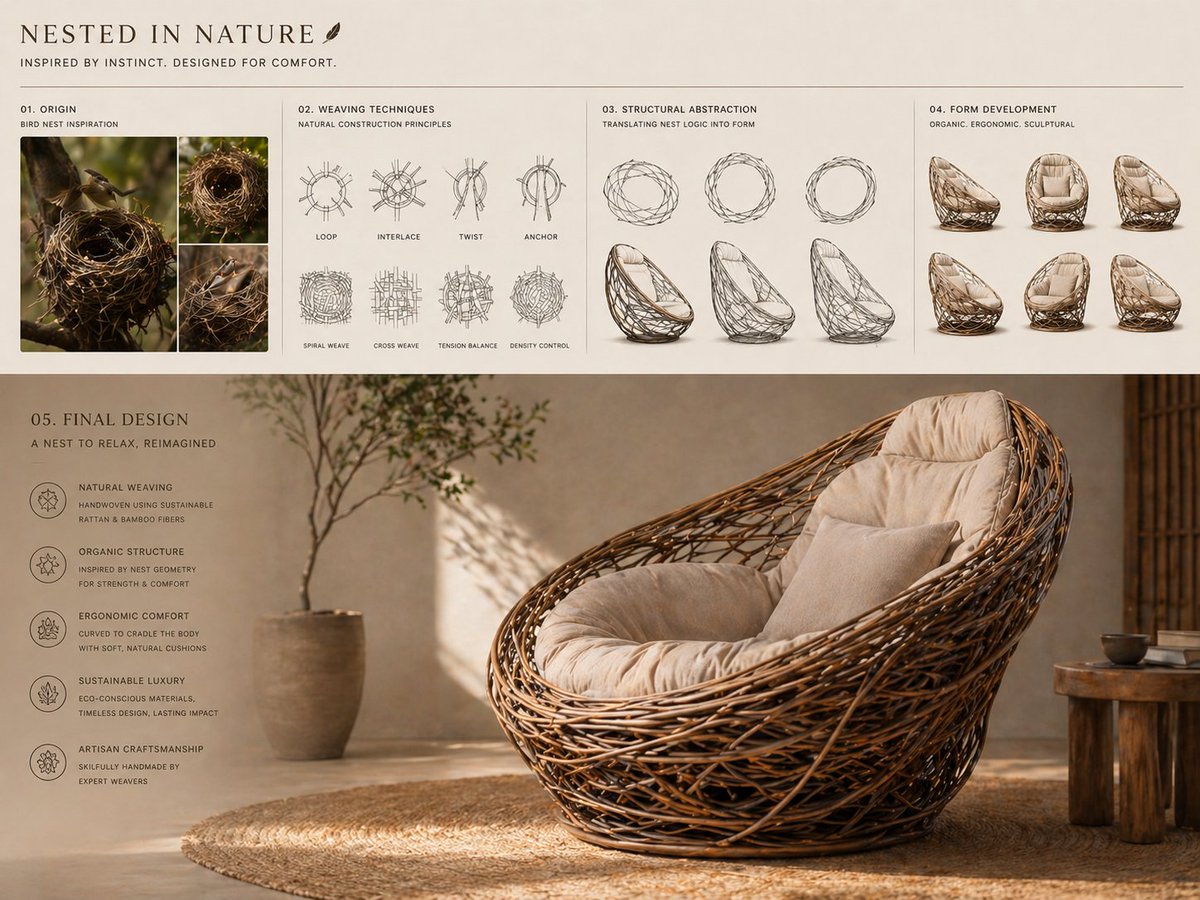 AI image generated from the “Bird Nest Chair Concept Board” prompt