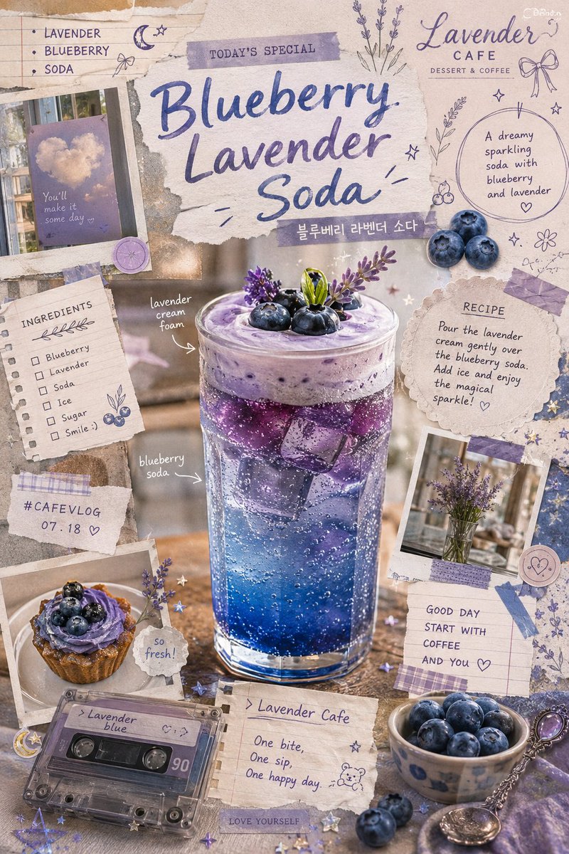AI image generated from the “Blueberry Lavender Soda Scrapbook Poster” prompt