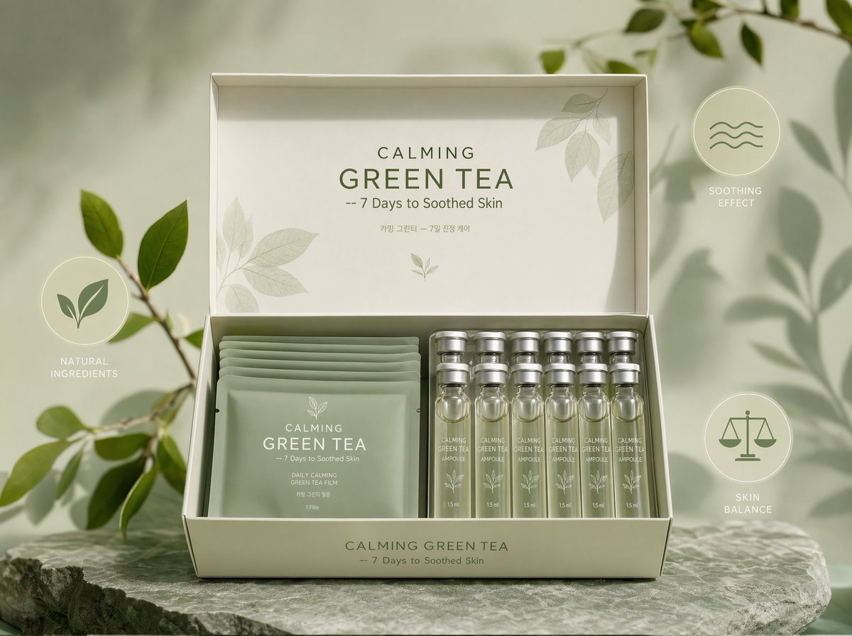 AI image generated from the “CALMING GREEN TEA Film Kit displayed frontally, the open box shows…” prompt
