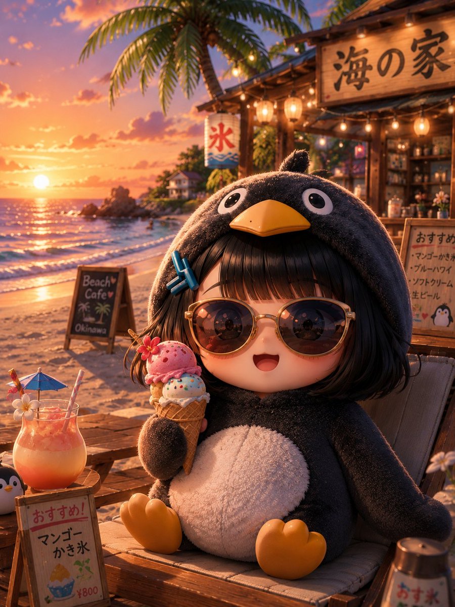AI image generated from the “Chibi Penguin Hoodie Beach Sunset” prompt