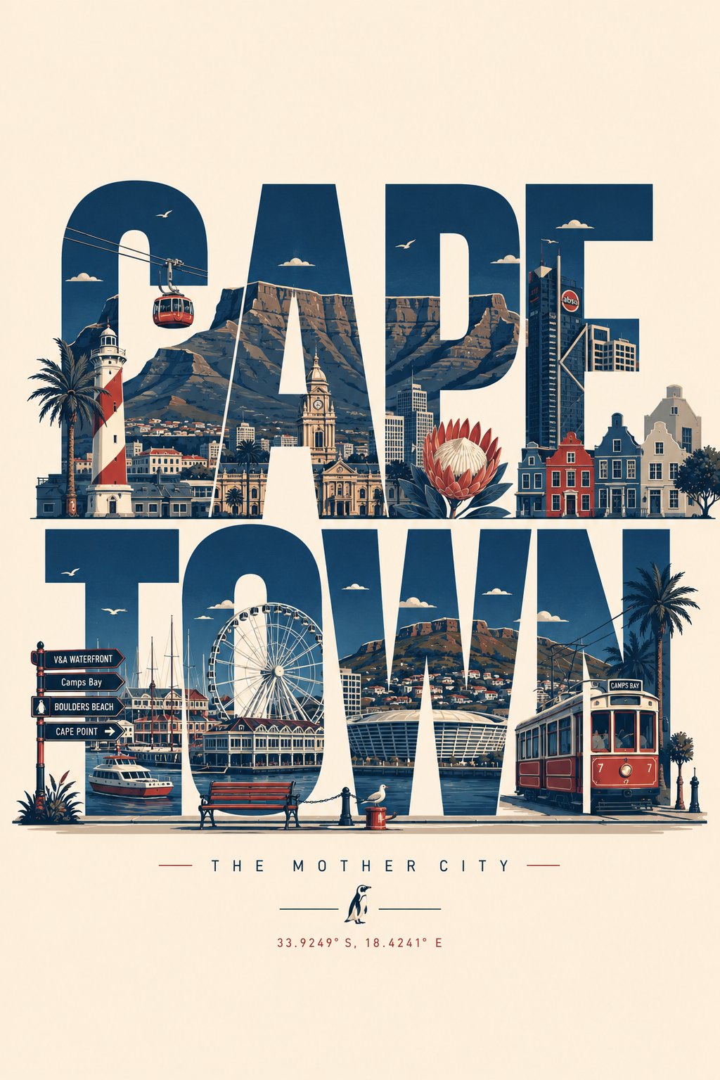 AI image generated from the “Clean, modern typographic travel poster where the city name” prompt