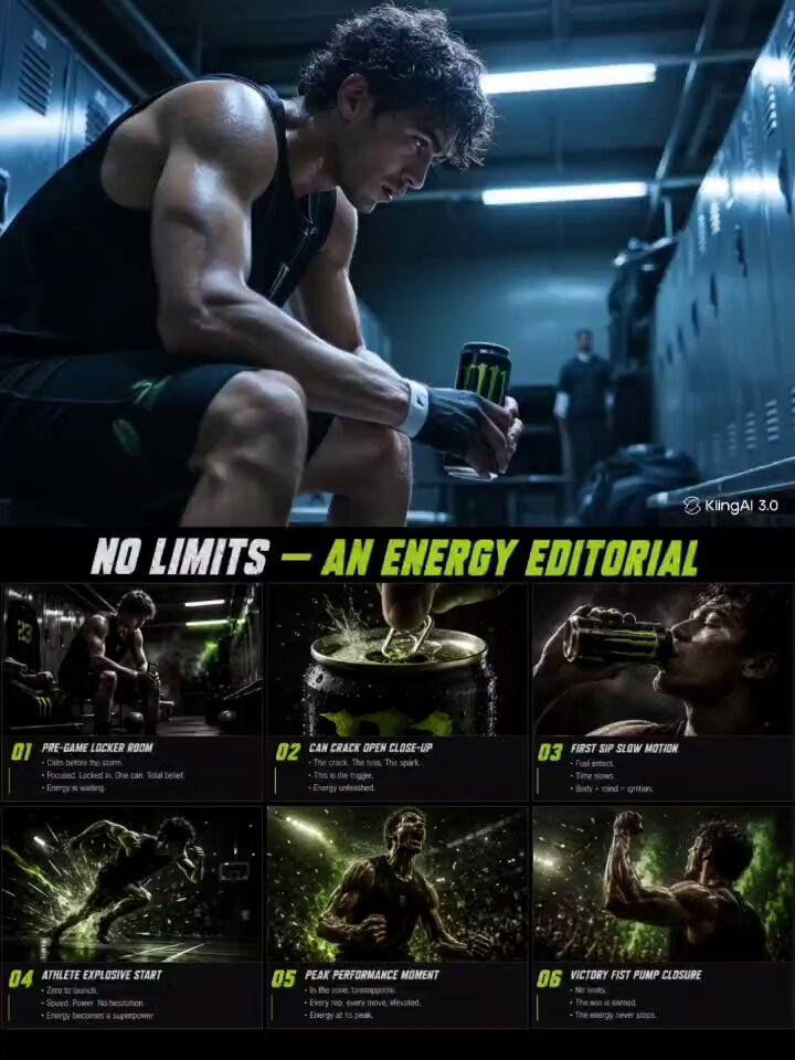 AI image generated from the “Energy Drink Storyboard Grid” prompt