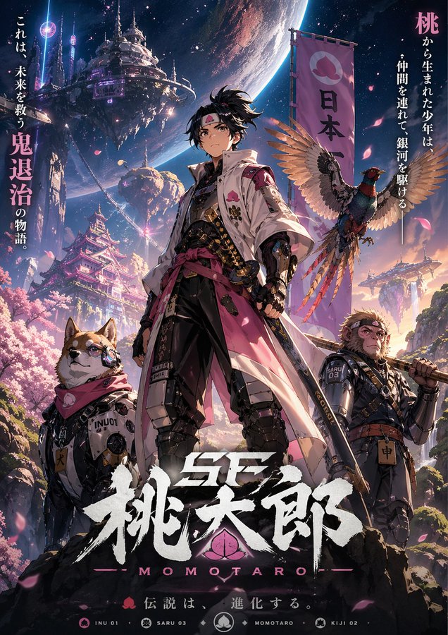 AI image generated from the “赛博科幻桃太郎主视觉图” prompt