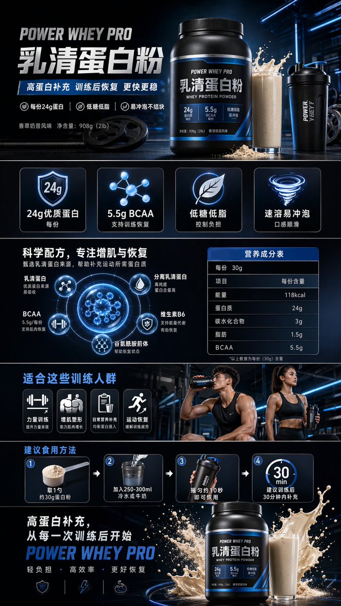 AI image generated from the “健身蛋白粉电商详情页” prompt