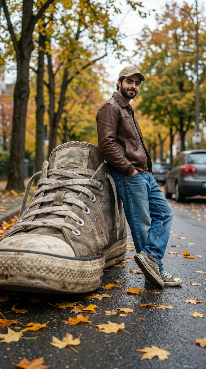 AI image generated from the “Forced-Perspective Sneaker Portrait” prompt