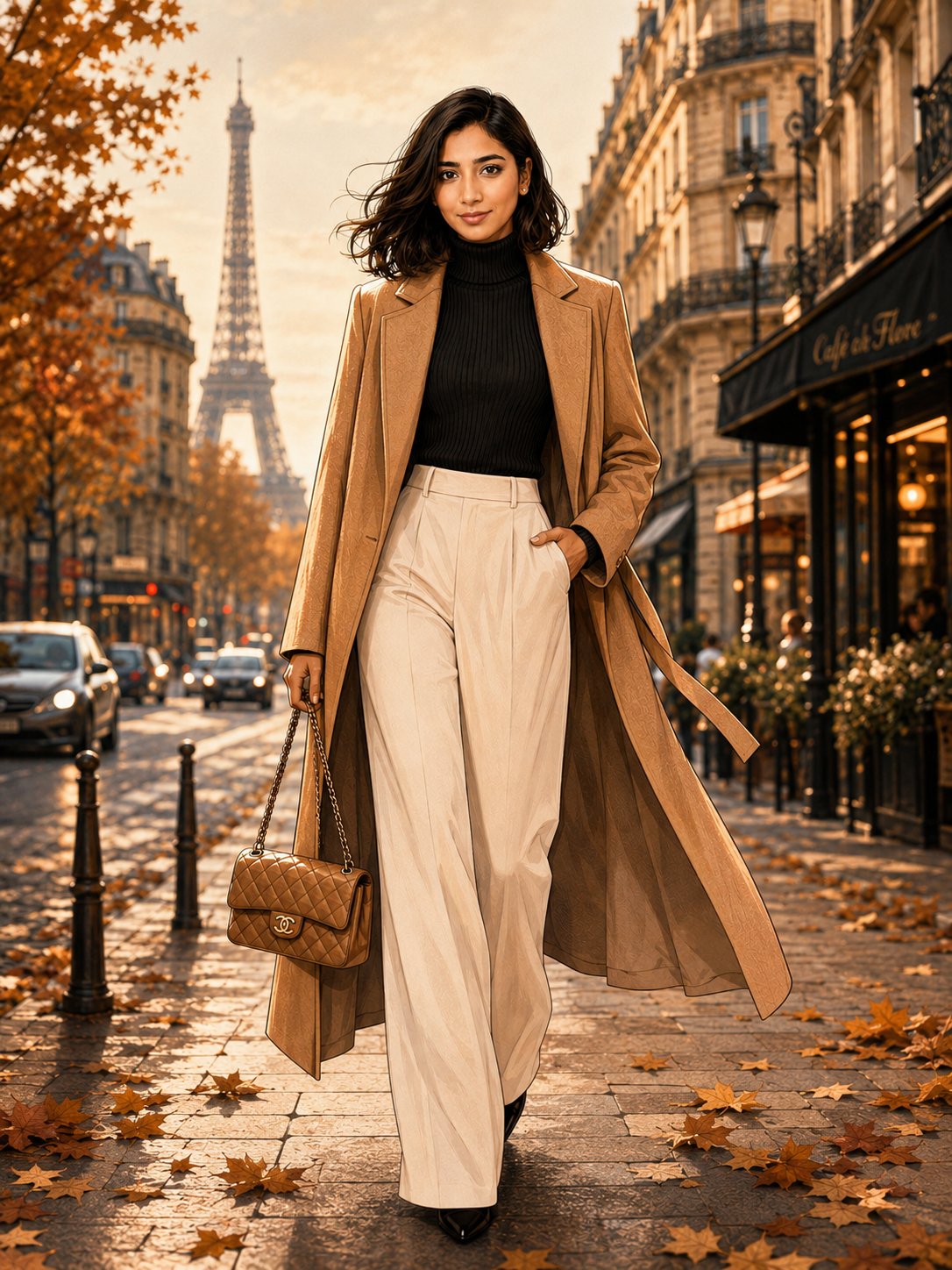 AI image generated from the “Full-body fashion illustration of a young woman walking down” prompt