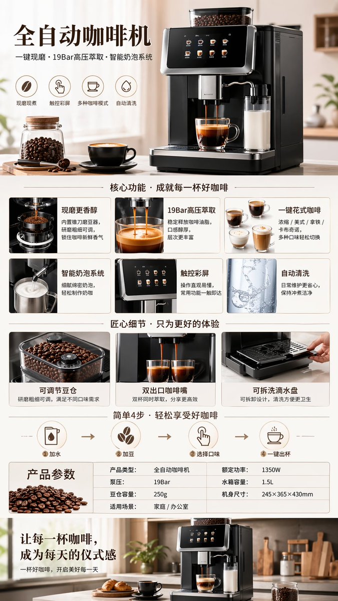 AI image generated from the “全自动咖啡机产品展示” prompt
