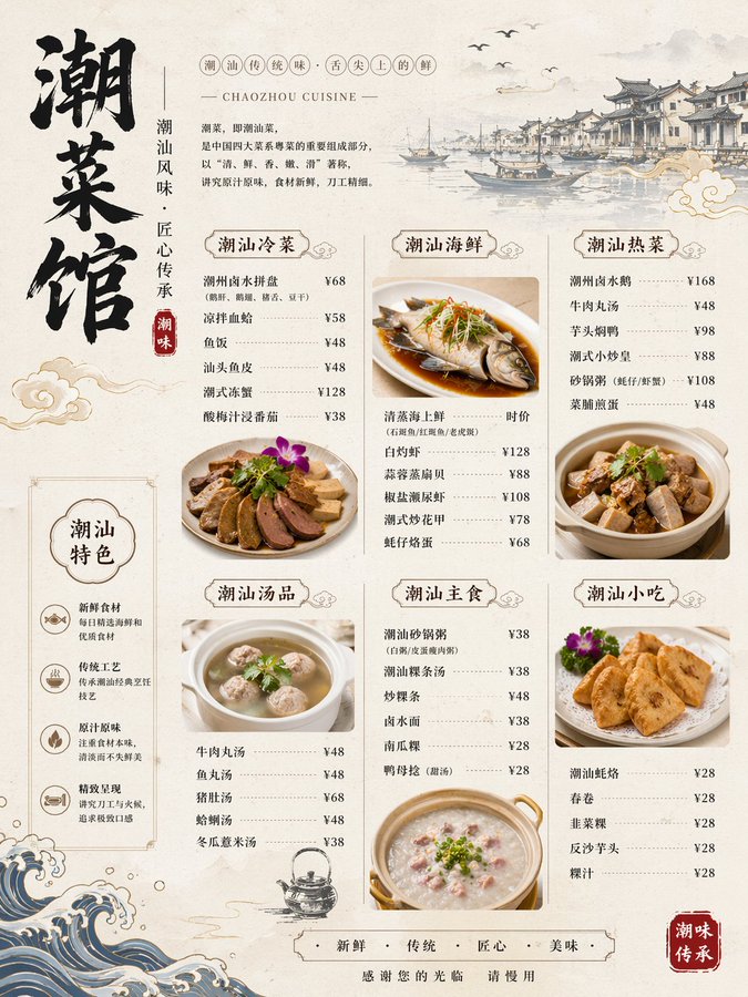 AI image generated from the “精美潮汕菜馆菜单图” prompt