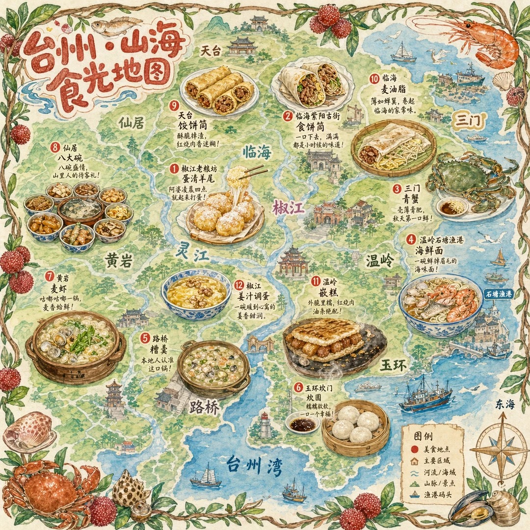 AI image generated from the “一张手绘风格的城市美食地图,以台州为主题” prompt