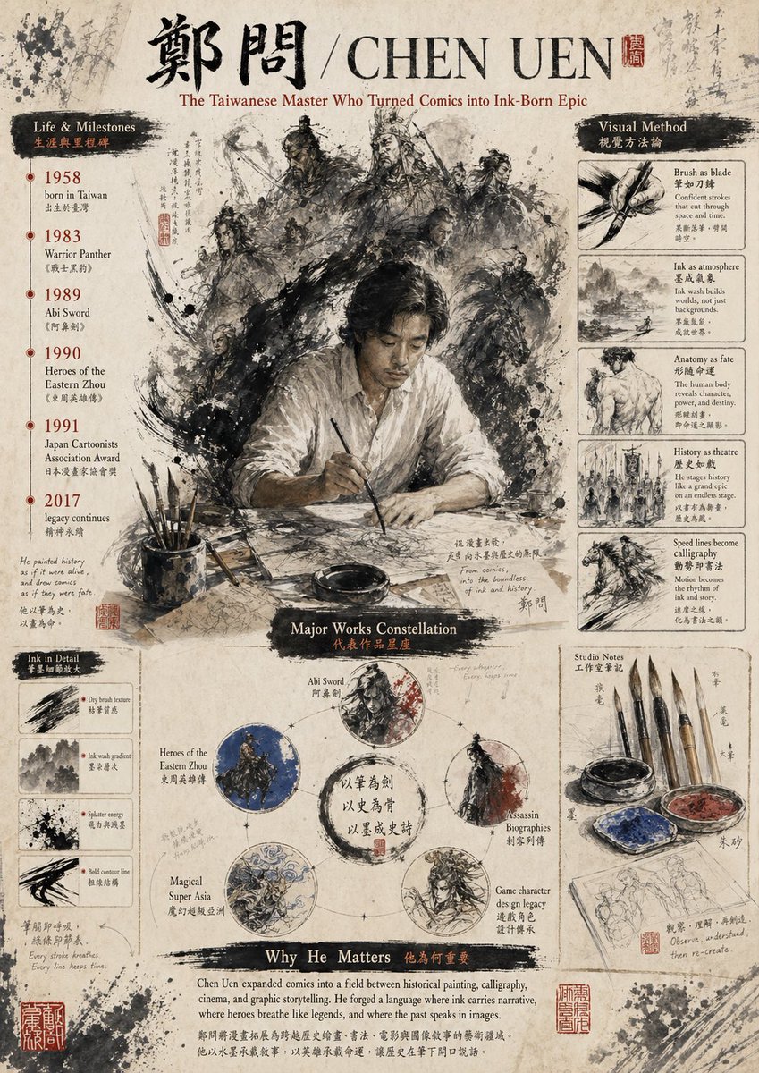 AI image generated from the “Ink-Wash Tribute Poster for Chen Uen” prompt