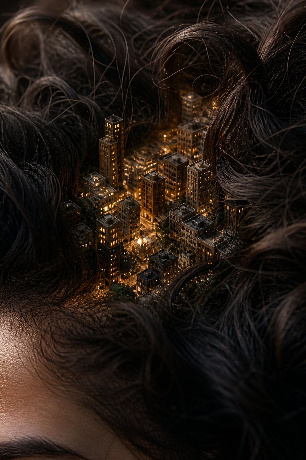 AI image generated from the “Macro photograph of a miniature city hidden in human hair” prompt