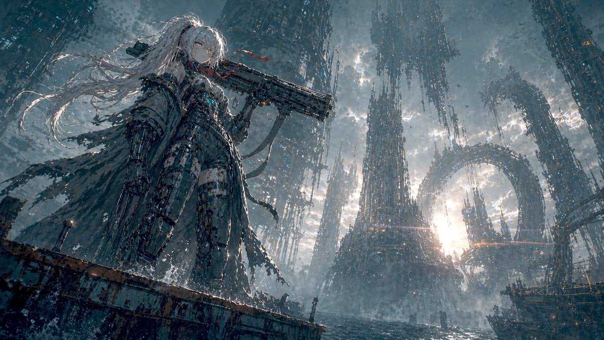 AI image generated from the “Mecha Girl Sea-City Key Visual” prompt