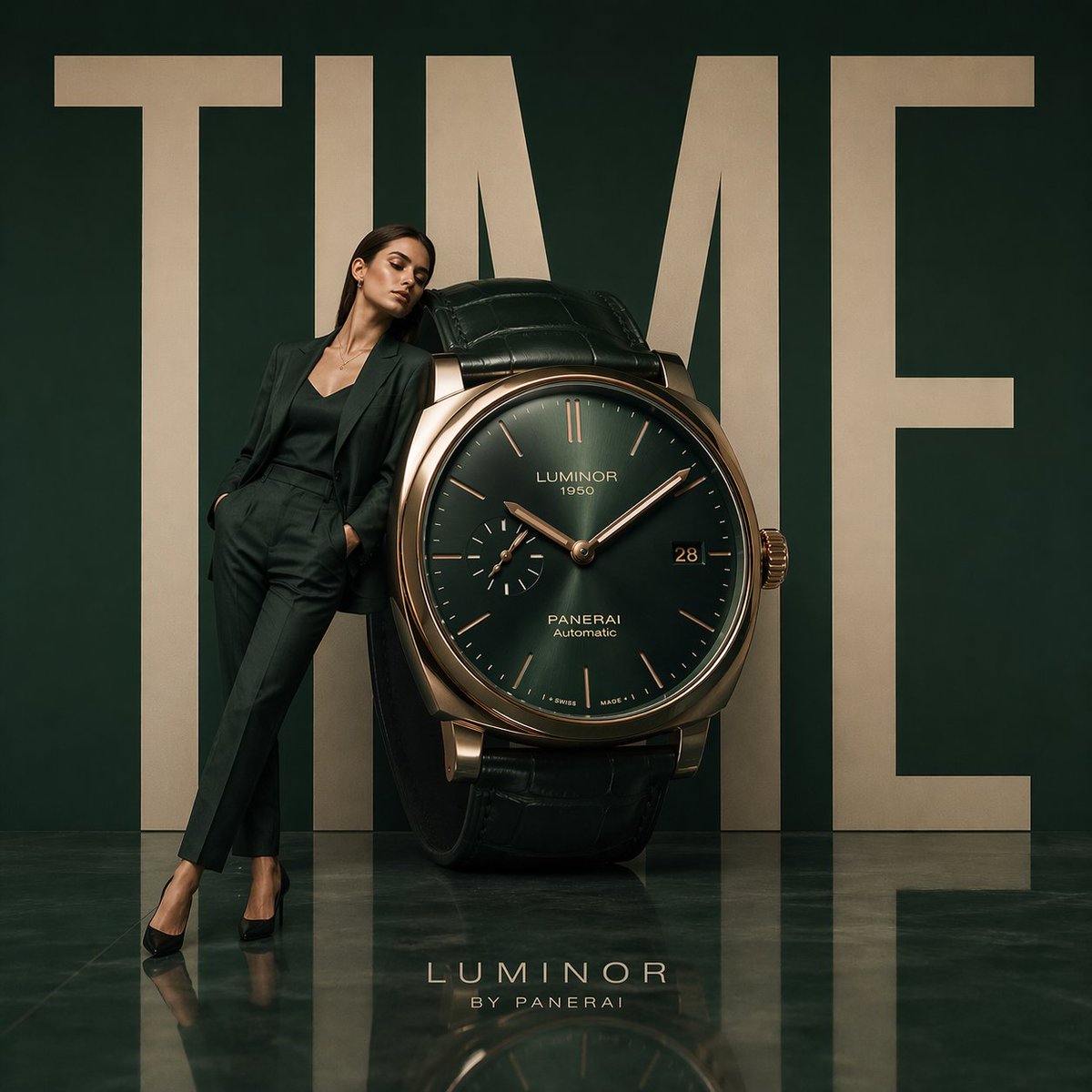 AI image generated from the “Monumental Timepiece Fashion Ad” prompt