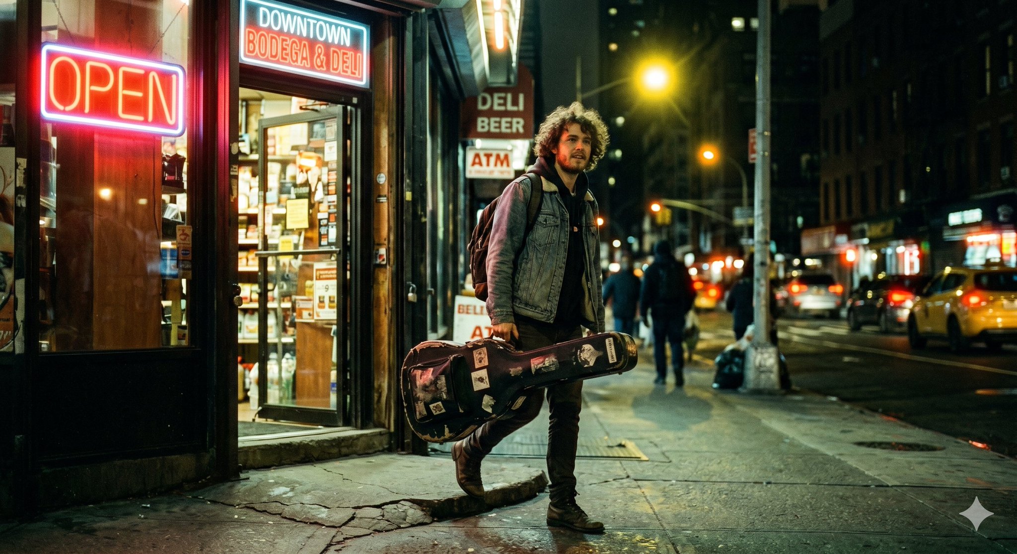 AI image generated from the “Musician Leaving Bodega Night Cinematic Portrait” prompt