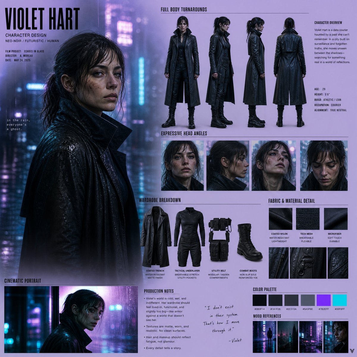 AI image generated from the “Neo-Noir Character Design Board” prompt