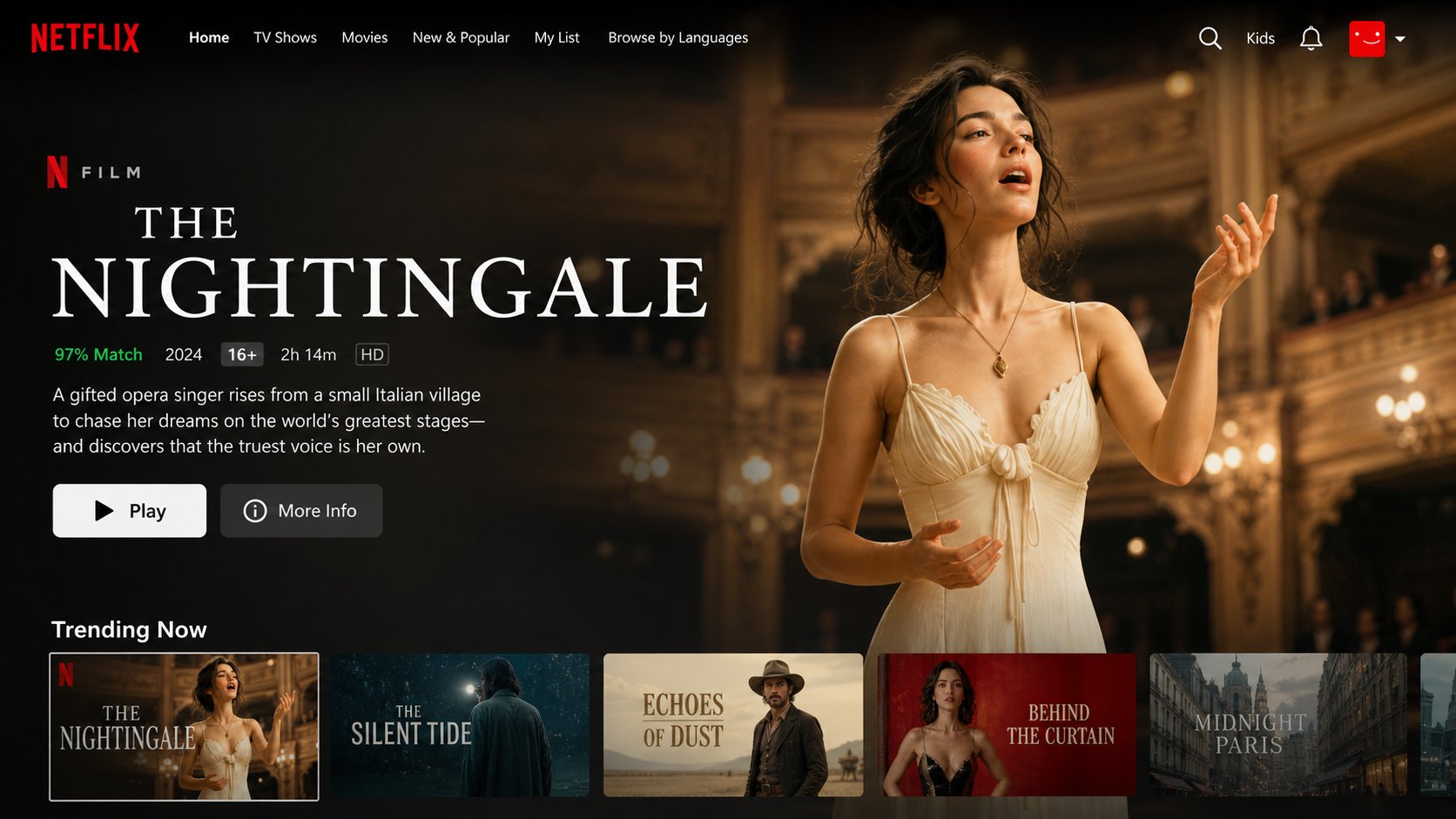 AI image generated from the “Netflix homepage UI featuring a main hero film with its title” prompt