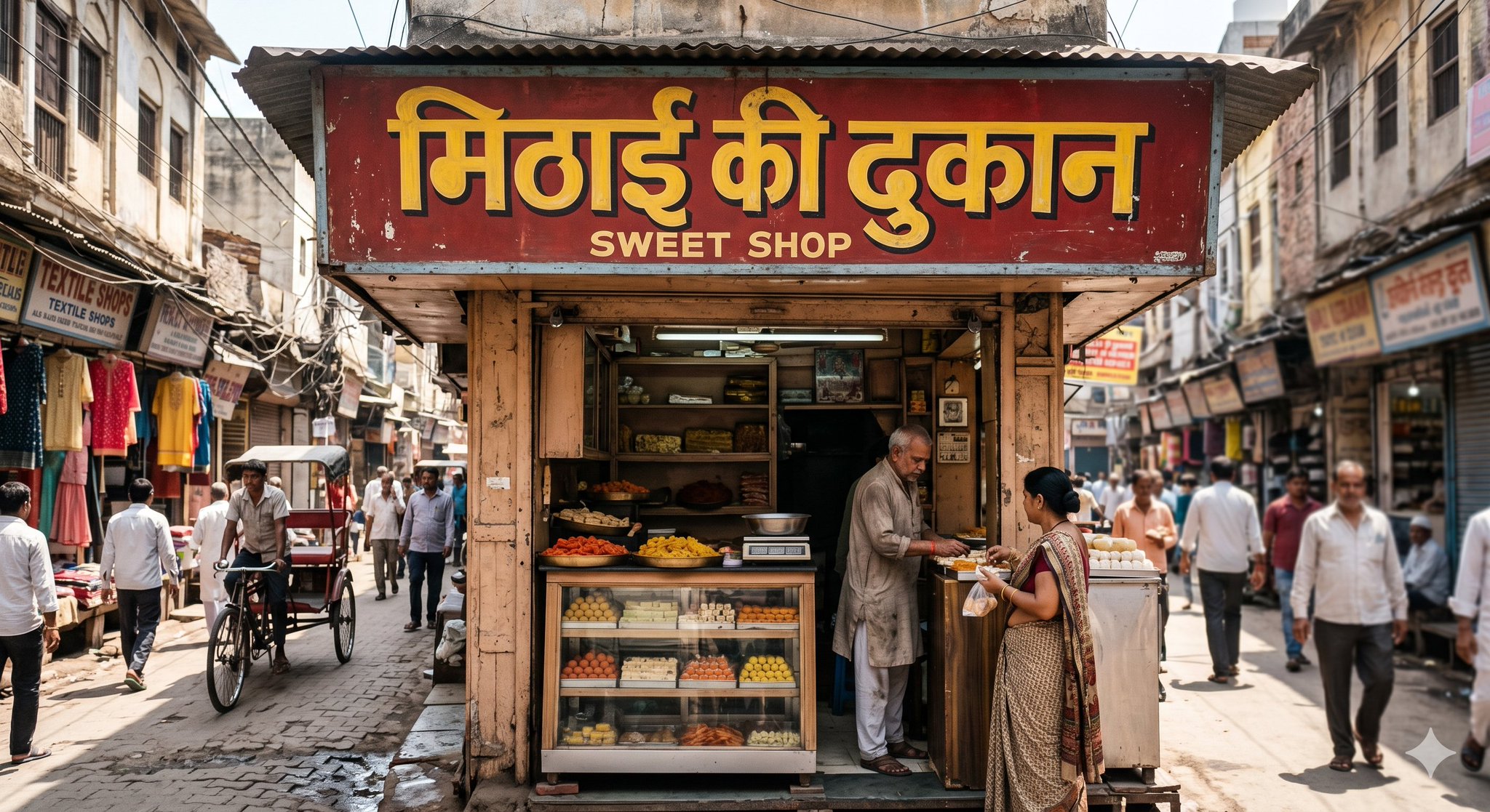 AI image generated from the “Old Delhi Sweet Shop Storefront Documentary Photo” prompt