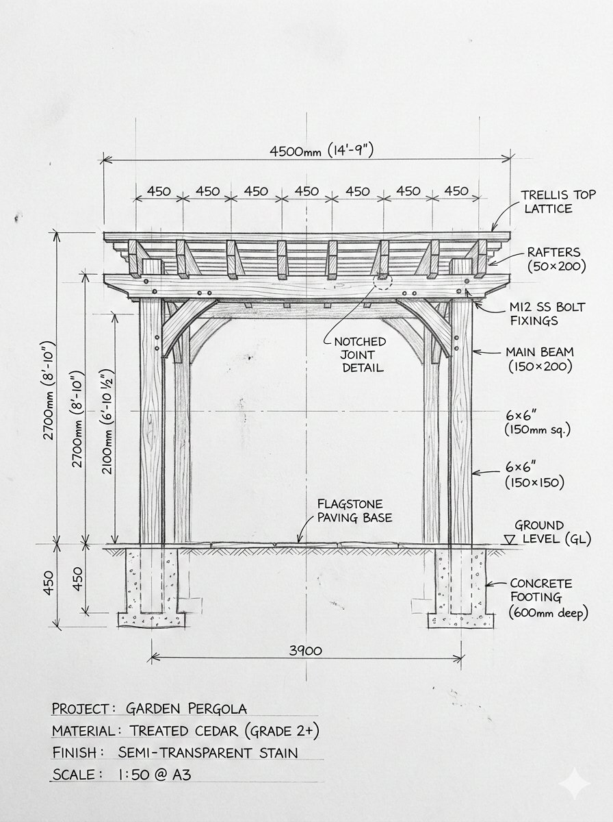 AI image generated from the “Pergola Blueprint Build Split” prompt