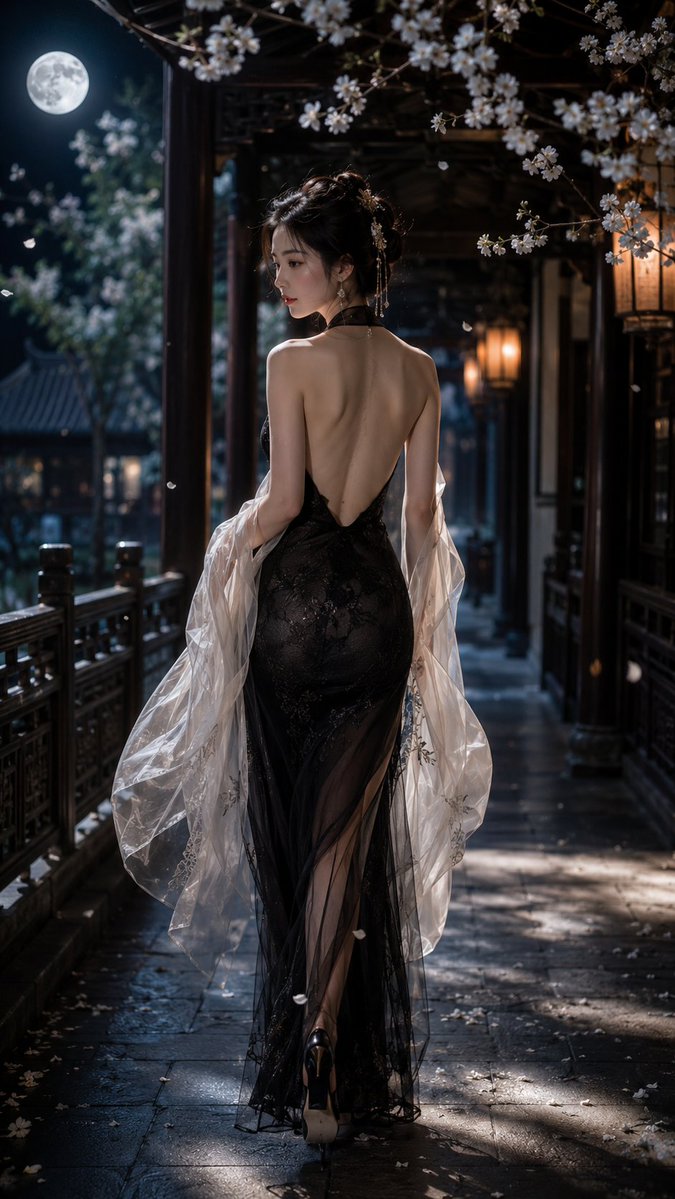 AI image generated from the “中式深V礼服月下回眸” prompt
