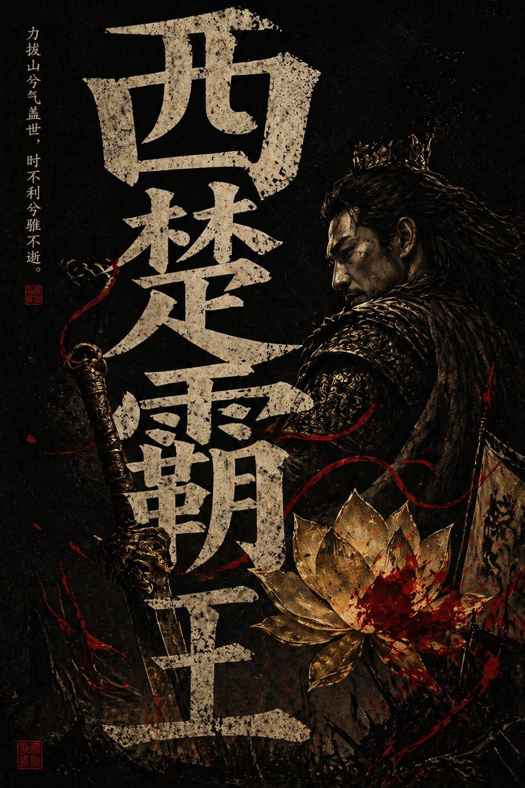 AI image generated from the “竖版国风暗黑海报，黑色纯背景，中央巨大的中文标题字” prompt