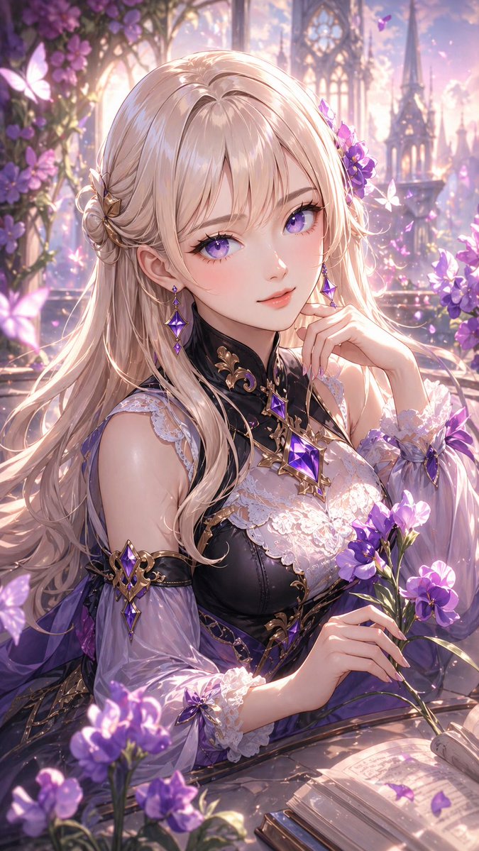 AI image generated from the “Profile / Avatar - Elegant Fantasy Girl in Violet Garden” prompt