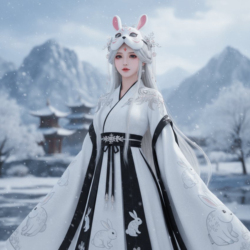 AI image generated from the “Profile / Avatar - Snow Rabbit Mask Hanfu Portrait” prompt