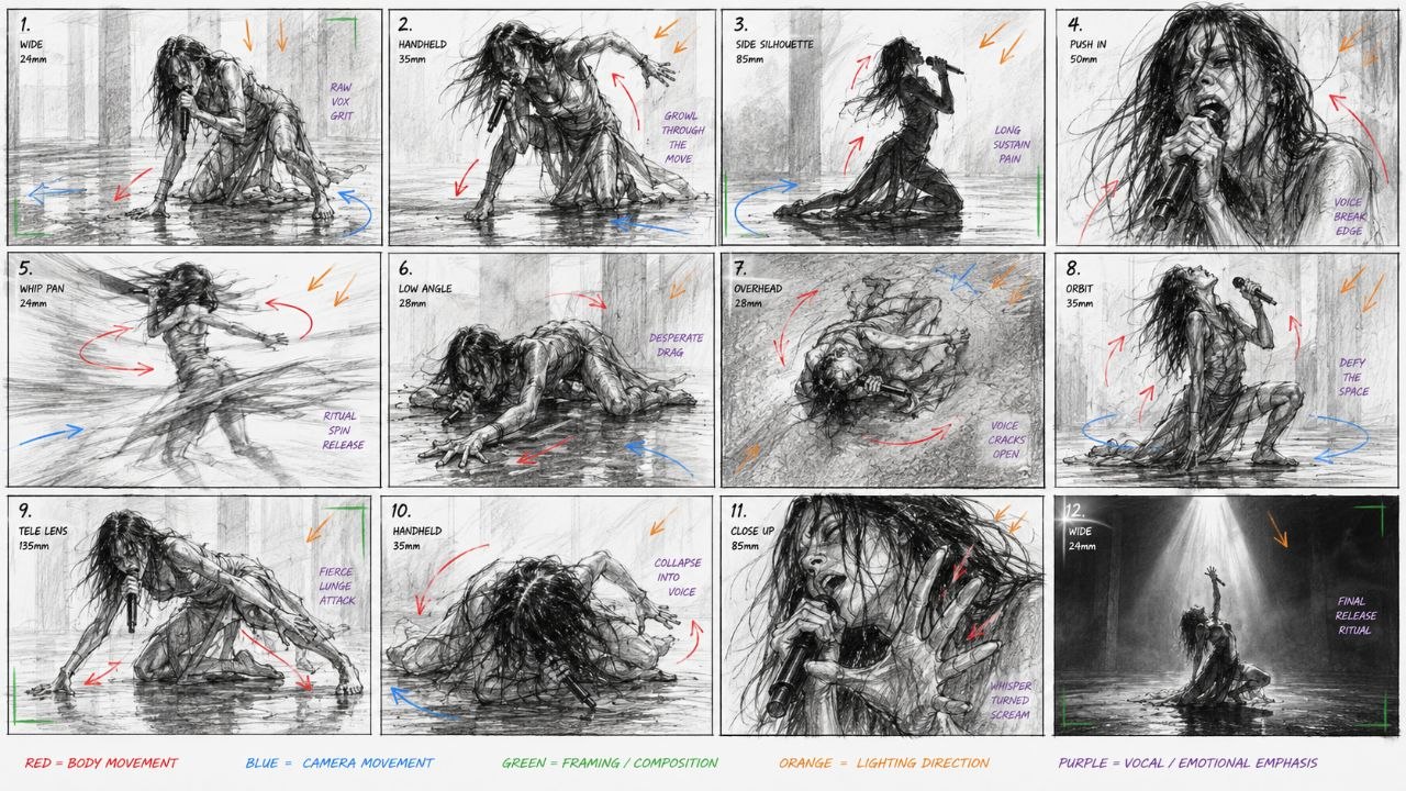 AI image generated from the “Raw contemporary dance performance storyboard focused on” prompt