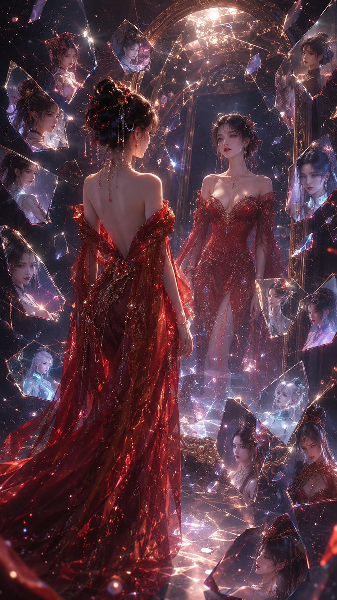 AI image generated from the “Red Gown Shattered Mirror Portrait” prompt