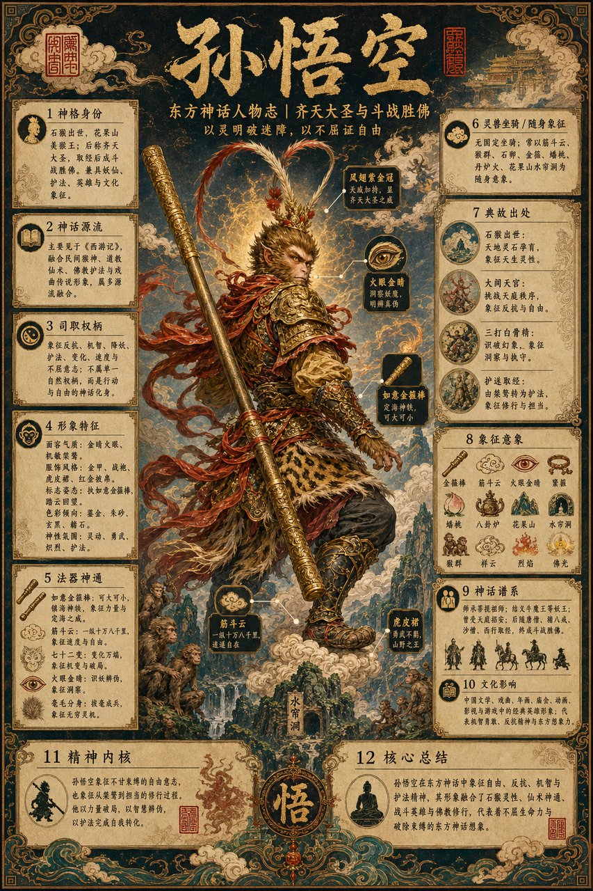 AI image generated from the “请基于【孙悟空】生成一张竖版 A4「东方神话人物志」” prompt