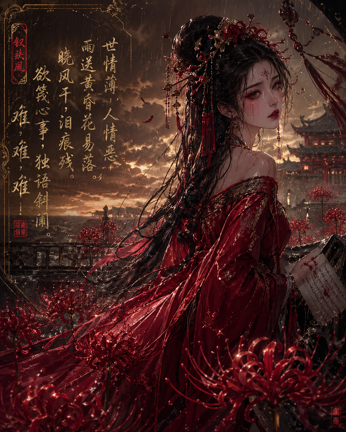 AI image generated from the “彼岸花丛中的红妆女子” prompt
