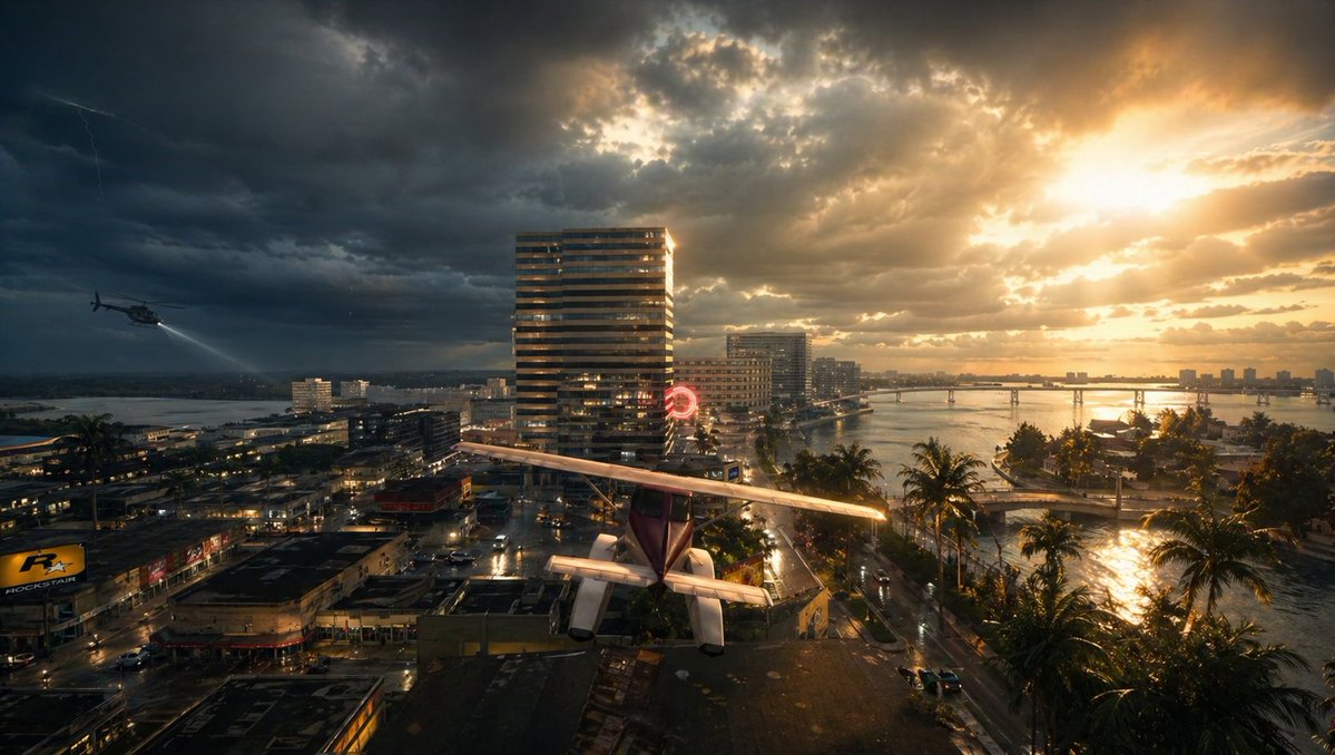 AI image generated from the “Stormy Tropical City With Rooftop Plane” prompt