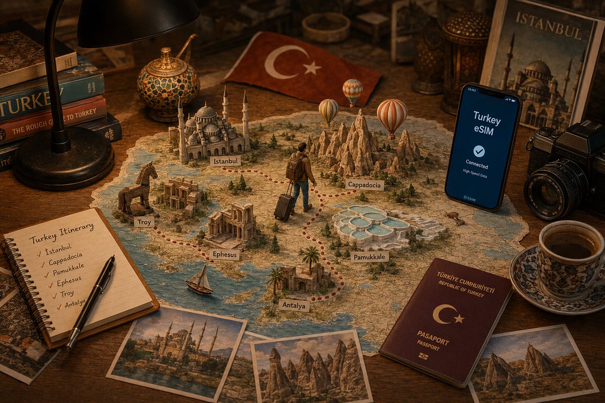 AI image generated from the “Travel Planning Tabletop Scene” prompt