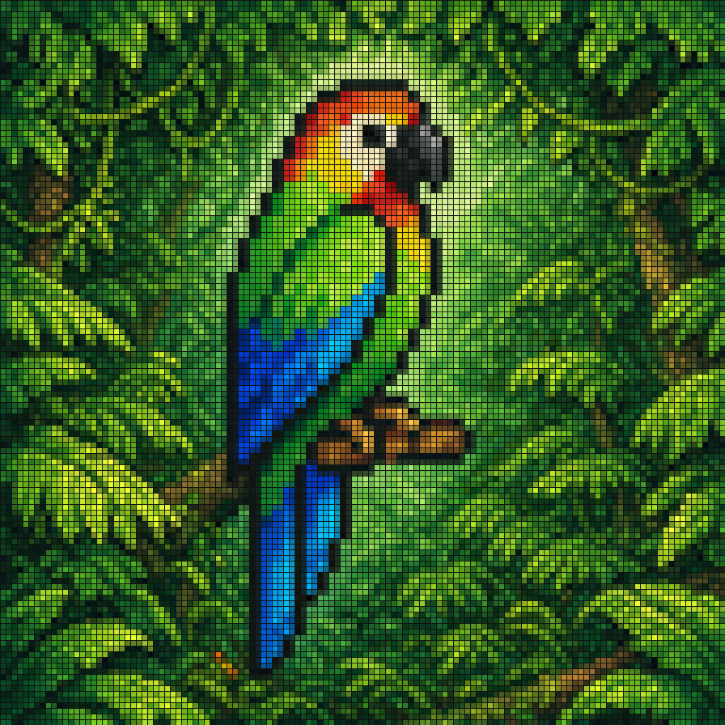 AI image generated from the “Tropical Parrot Pixel Mosaic” prompt
