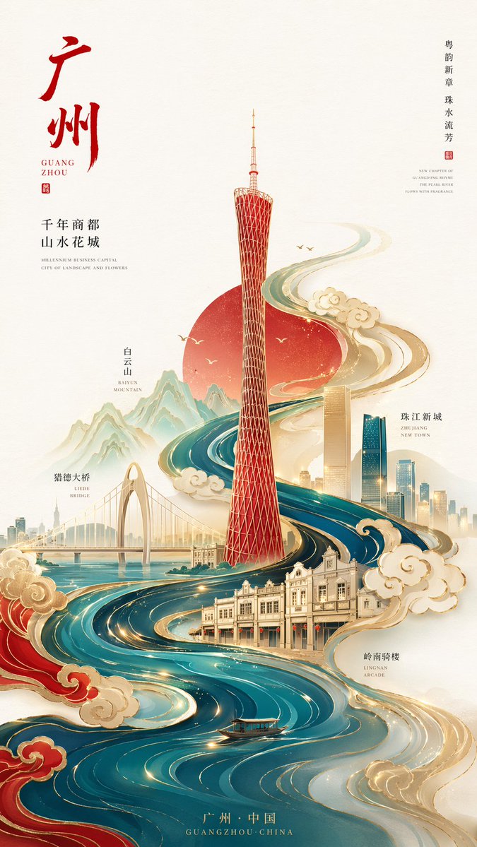 AI image generated from the “极简国潮鎏金广州塔海报” prompt