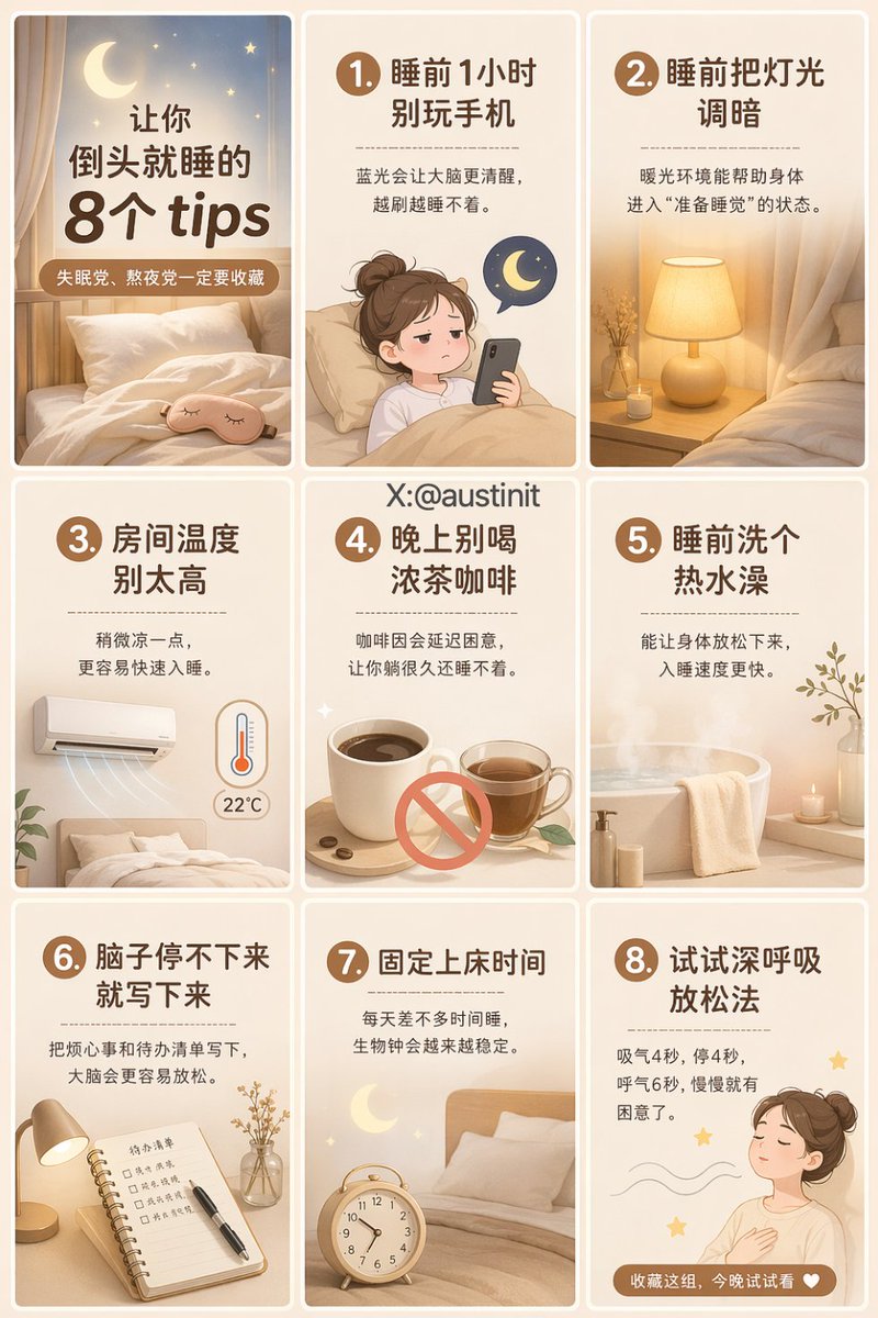 AI image generated from the “治愈系助眠指南九宫格” prompt