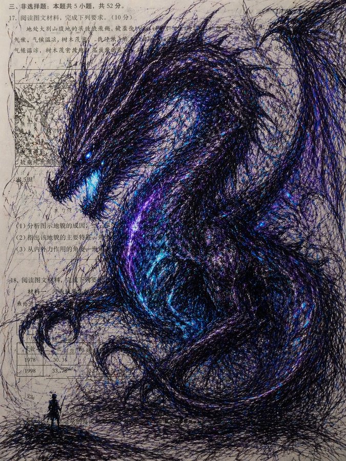 AI image generated from the “试卷上的涂鸦巨龙” prompt